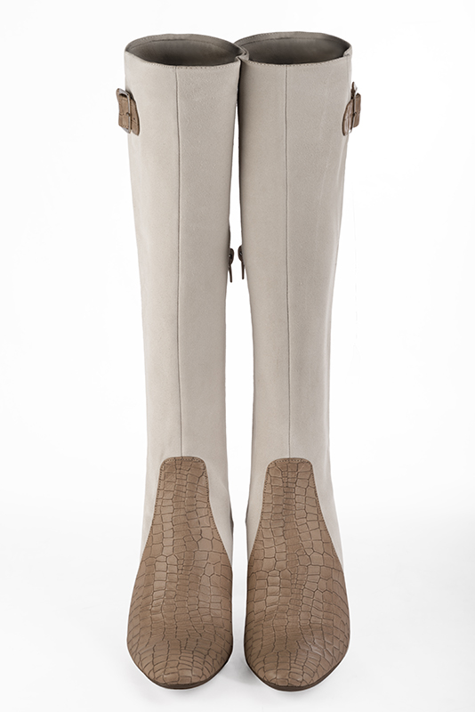Tan beige and off white women's knee-high boots with buckles. Round toe. High block heels. Made to measure. Top view - Florence KOOIJMAN